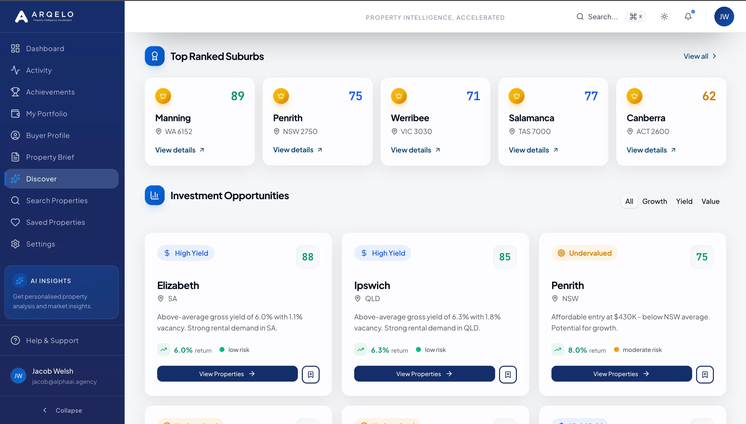 Arqelo AI-Powered Suburb Matching - Top ranked suburbs with investment opportunities